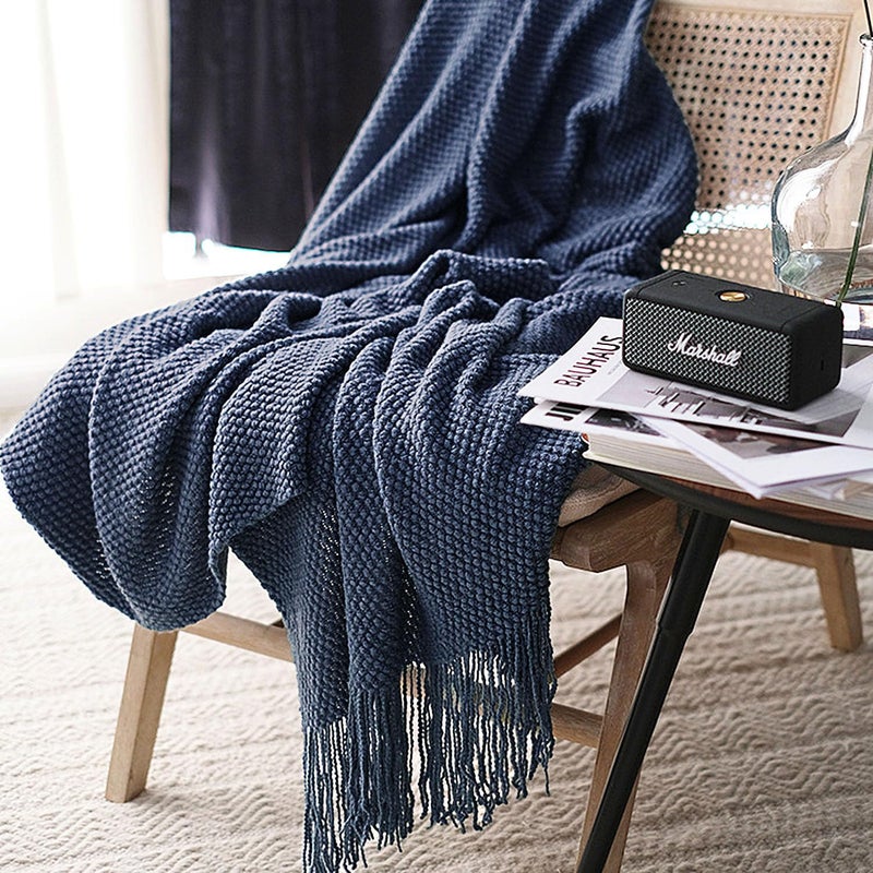 LOMAO Knitted Throw Blanket with Tassels Bubble Textured Lightweight Soft Throws for Couch Cover Home Decor (Navy, 50x60) - Image 1